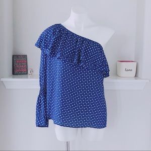 Michael Kors One-Shoulder Blouse Polka Dots Tiered Royal Blue Size L MSRP $99.50
